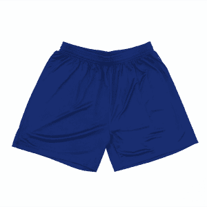 A pair of navy blue athletic shorts with an elastic waistband and folding fabric. Features a logo on the side.