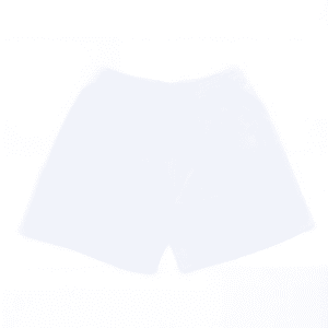 A pair of white shorts with an elastic waistband and a logo on the front.