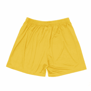 Yellow shorts with an elastic waist and a smooth, shiny fabric. The item features a brand logo.