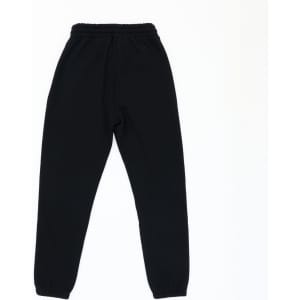 Black track pants with an elastic waistband and cuffs, featuring a logo on the waistband.