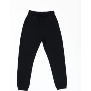 Black track pants with an elastic waistband and tapered ankles, featuring a logo on the waistband.