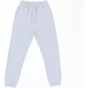 Light grey track pants with an elastic waistband and cuffs, featuring pockets and a logo.