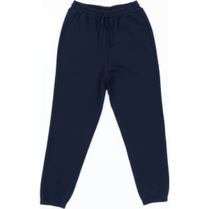 Dark blue track pants with an elastic waistband and a drawstring, featuring a brand logo.