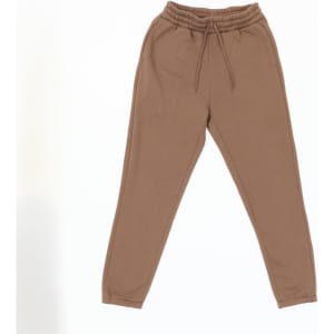 Brown track pants with an elastic waistband and tapered legs, featuring a branding logo.