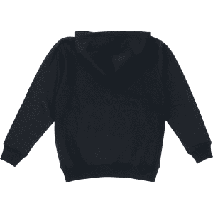 A black youth hoodie with a kangaroo pocket and a drawstring hood, featuring a logo on the front.