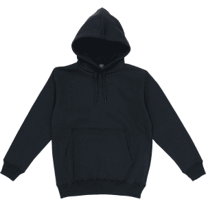 A black youth hooded sweatshirt with a front pocket and drawstring hood. It features a logo.