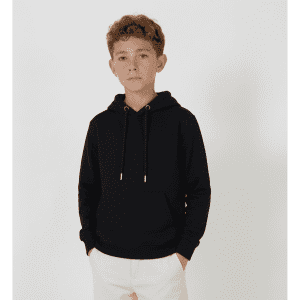 A black Youth Base Hood worn by a young boy, standing against a light background. The hoodie features a drawstring.