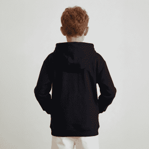 A black youth hoodie with a hood, featuring a simple design and no visible logos, worn by a child from the back.