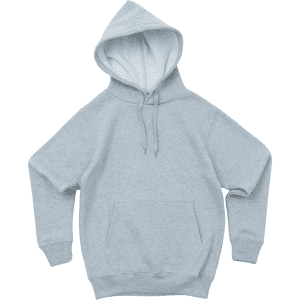 A light grey hoodie with a hood, long sleeves, and a front pocket. It features a logo on the design.