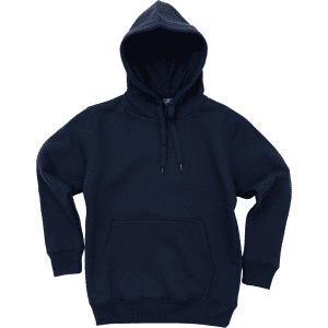 A navy blue hoodie with a front pocket and a drawstring hood, featuring a logo.