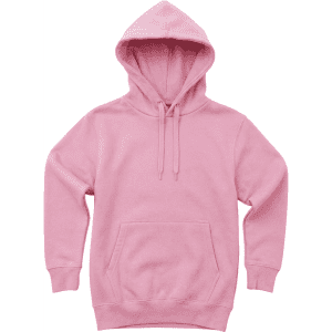 A pink hooded sweatshirt featuring a front pocket and drawstrings, with a small logo on the front.