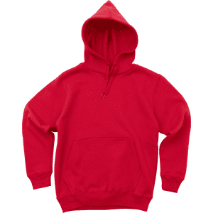 A red youth hooded sweatshirt with a front pocket and drawstrings, featuring a logo.