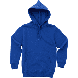 A blue hoodie with a front pocket and drawstrings, featuring a hood. The garment has a logo on it.