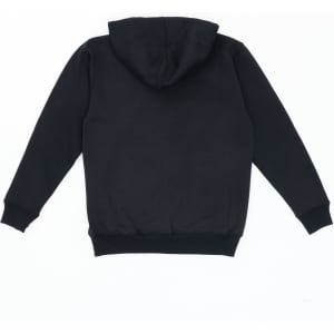 A black zip hoodie featuring a hood and ribbed cuffs, with a logo on the back.