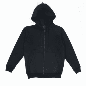 A black zip hoodie featuring a hood and front pockets, with a logo present.