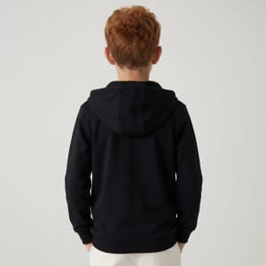 A zip-up hooded sweatshirt in black, displayed from the back on a child model. It features a hood.