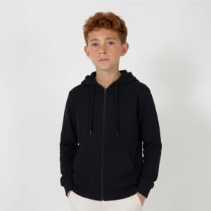 A black zip-up hooded sweatshirt for youth, featuring a front zip and drawstring hood.
