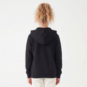 A black zip hoodie featuring a hood, shown from the back with a plain background.