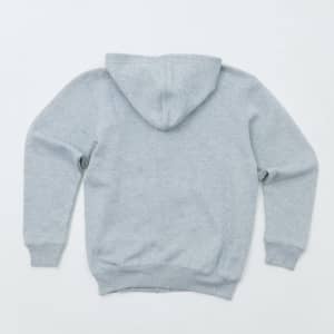 A grey zip-up hoodie featuring a hood and long sleeves, with a plain back view. It has a logo on the fabric.