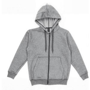 A grey zippered hooded sweatshirt with a front pocket and drawstrings on the hood, featuring a logo.