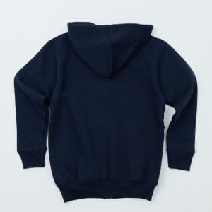 A navy blue hooded zip sweatshirt with a kangaroo pocket and long sleeves, featuring a brand logo.