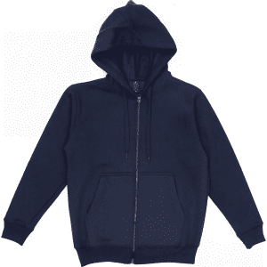 A navy zip-up hooded sweatshirt featuring a front pocket and a drawstring hood. It has a logo on the interior label.