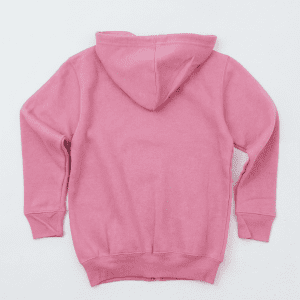 A pink zip hoodie featuring a hood and ribbed cuffs. It has a logo on the back.
