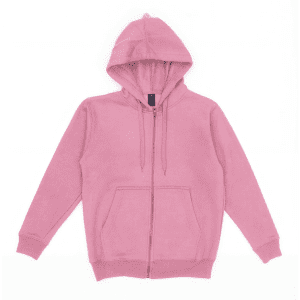 A pink zip-up hoodie with a hood and front pockets, featuring a logo on the tag.