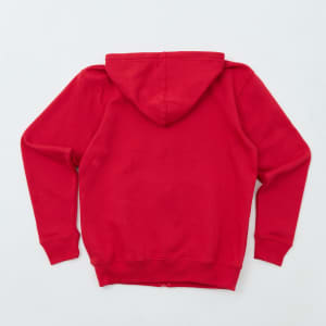 A red zip hoodie with a hood and long sleeves, featuring a plain back and elastic cuffs.
