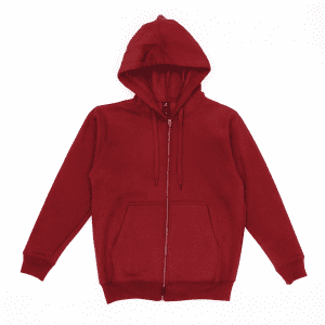 A red zip-up hoodie with a hood and front pockets. It features long sleeves and a simple design.