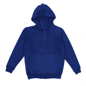 A blue zip-up hooded sweatshirt with a front pocket and drawstrings, featuring a logo on the inside label.