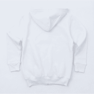 A white zip-up hoodie with a hood, featuring a plain back design and fitted cuffs. It has a branding logo.