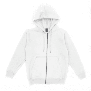 A light grey zip-up hoodie featuring a hood and front pocket. Includes a logo.