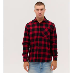 A long sleeve flannel shirt in red and black check pattern with a chest pocket. features a logo.