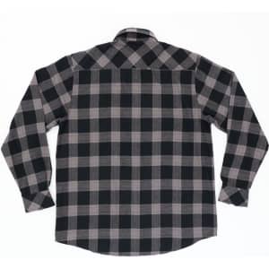 A flannel long sleeve shirt in black and grey check pattern, featuring a classic back design and a collar.