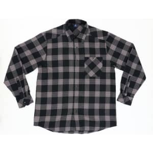 A flannel long sleeve shirt in black and grey check pattern, featuring a front pocket and button-down collar.