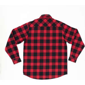 A red and black checkered long sleeve flannel shirt with a button-down collar and a logo.