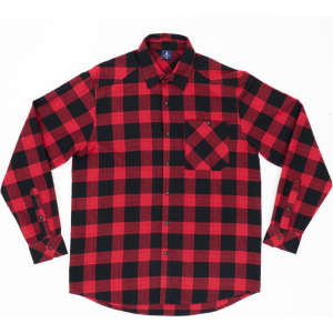 A long sleeve shirt featuring a red and black checkered pattern, with a pocket on the front and a collar.
