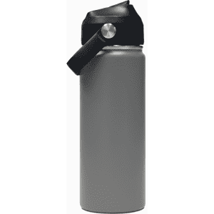 A drink bottle in grey with a black carry handle and a silver top, featuring a logo.