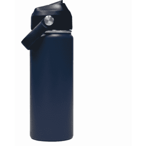 A drink bottle in navy blue, featuring a carry handle and a silver accent, with a logo on the side.