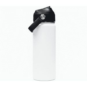 A drink bottle with a sleek white body, black lid, and carry handle. It features a logo on the surface.