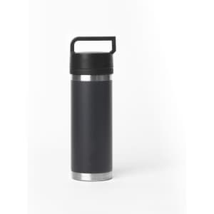 A drink bottle in black with a solid handle and a stainless steel base, featuring a logo.