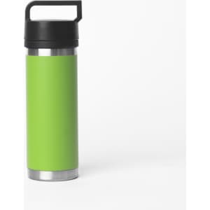 A drink bottle in bright green with a solid black handle, featuring a stainless steel base and a sleek design.