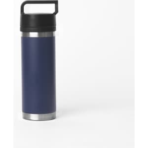 A drink bottle with a solid handle, featuring a navy blue body and a silver base. It has a black lid and logo.