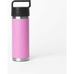 A drink bottle with a solid black handle and a bright pink body, featuring a stainless steel base and a logo.