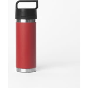 A drink bottle with a solid black handle, featuring a red body and stainless steel base. It has a logo on the side.