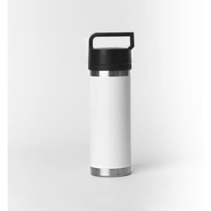 A drink bottle in white with a solid black handle and a stainless steel base, featuring a logo.