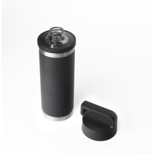 A drink bottle in matte black with a solid handle, featuring a stainless steel base and a screw-top opening.