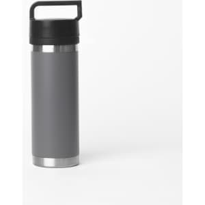 A drink bottle in grey with a solid black handle and a stainless steel base, featuring a logo.