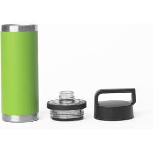 A drink bottle in vibrant green, featuring a stainless steel base and two detachable lids: one clear and one black.
